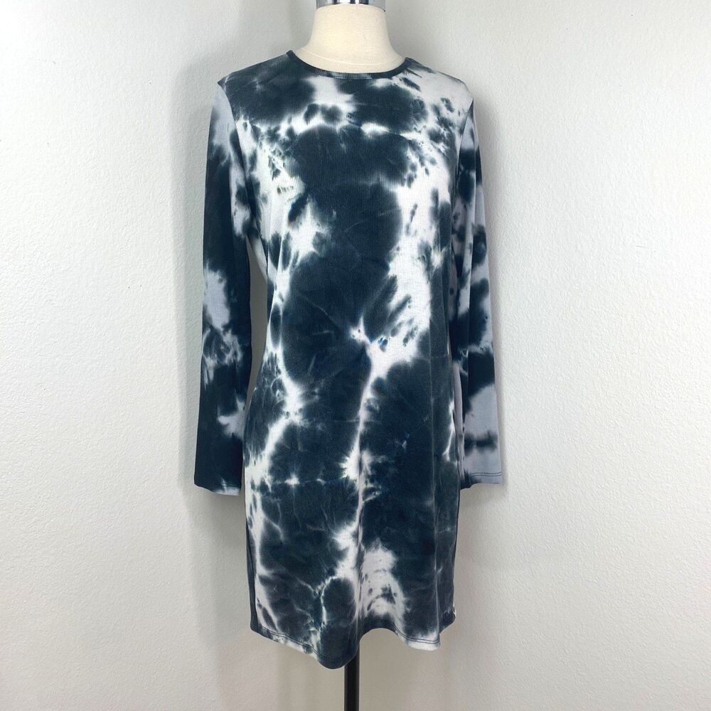 Justify Black Tie Dye Ribbed Knit Sheath Dress Size Large Long Sleeve Above Knee